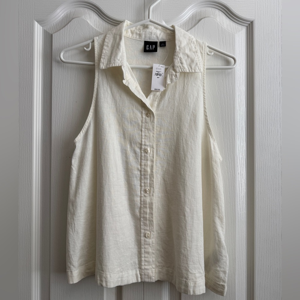 GAP Cream Boxy Linen Button Down Sleeveless Shirt